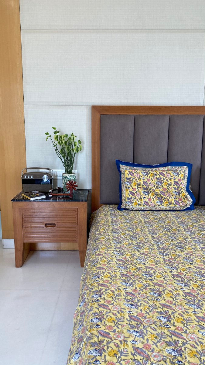Pastel Yellow And Blue Handblock Printed Cotton Bedsheet With Pillow Covers