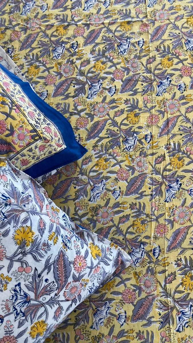 Pastel Yellow And Blue Handblock Printed Cotton Bedsheet With Pillow Covers