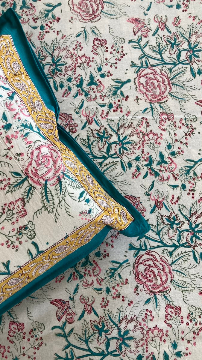 Desi Gulab Handblock Printed Cotton Bedsheet With Pillow Covers