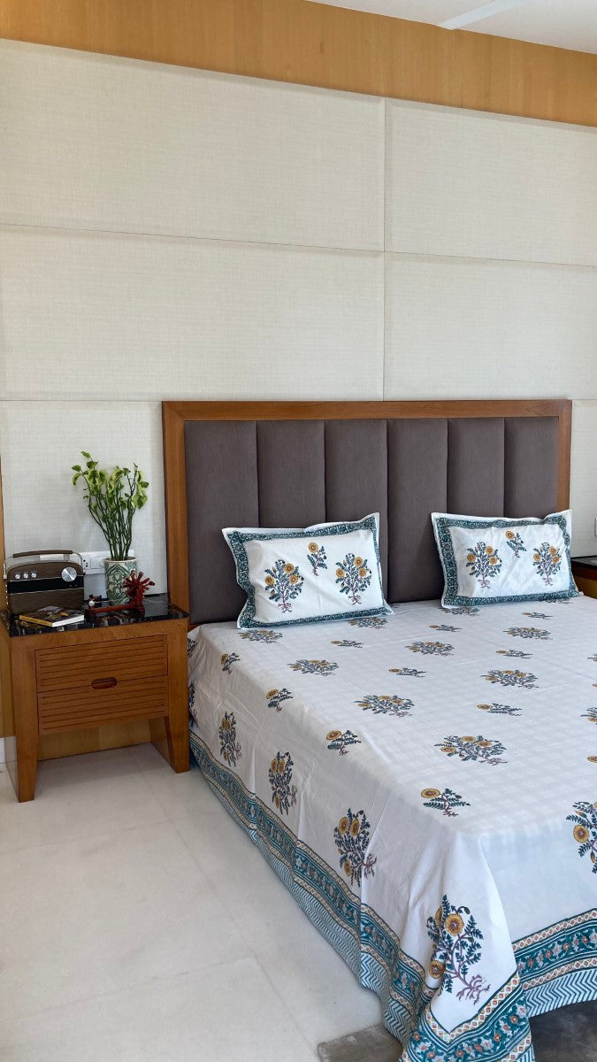 Bouquet of Flowers Handblock Printed Bedsheet With Pillow Covers