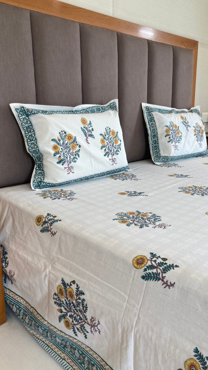 Bouquet of Flowers Handblock Printed Bedsheet With Pillow Covers