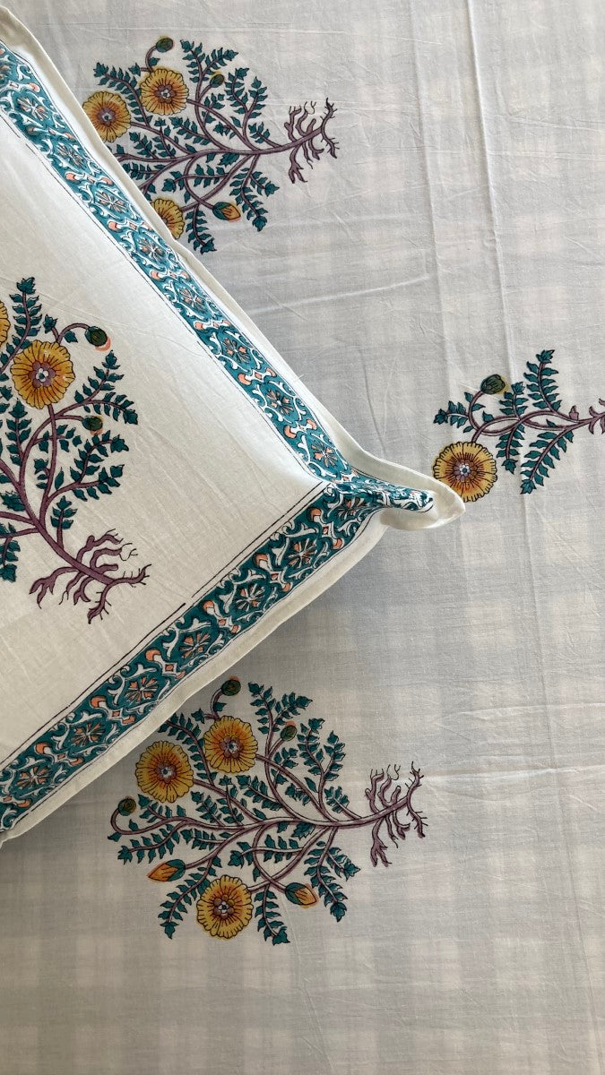 Bouquet of Flowers Handblock Printed Bedsheet With Pillow Covers