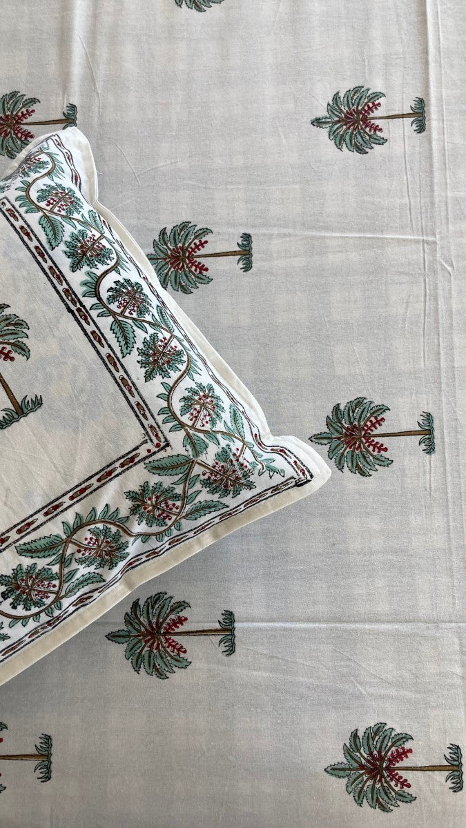 Handblock Printed Palm Tree Bedsheet With Pillow Covers