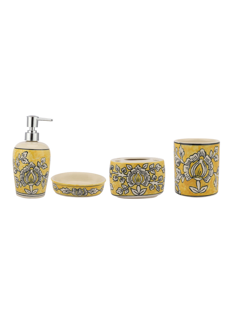 Yellow Hand Painted Ceramic Bathroom Set (Pack of 4)