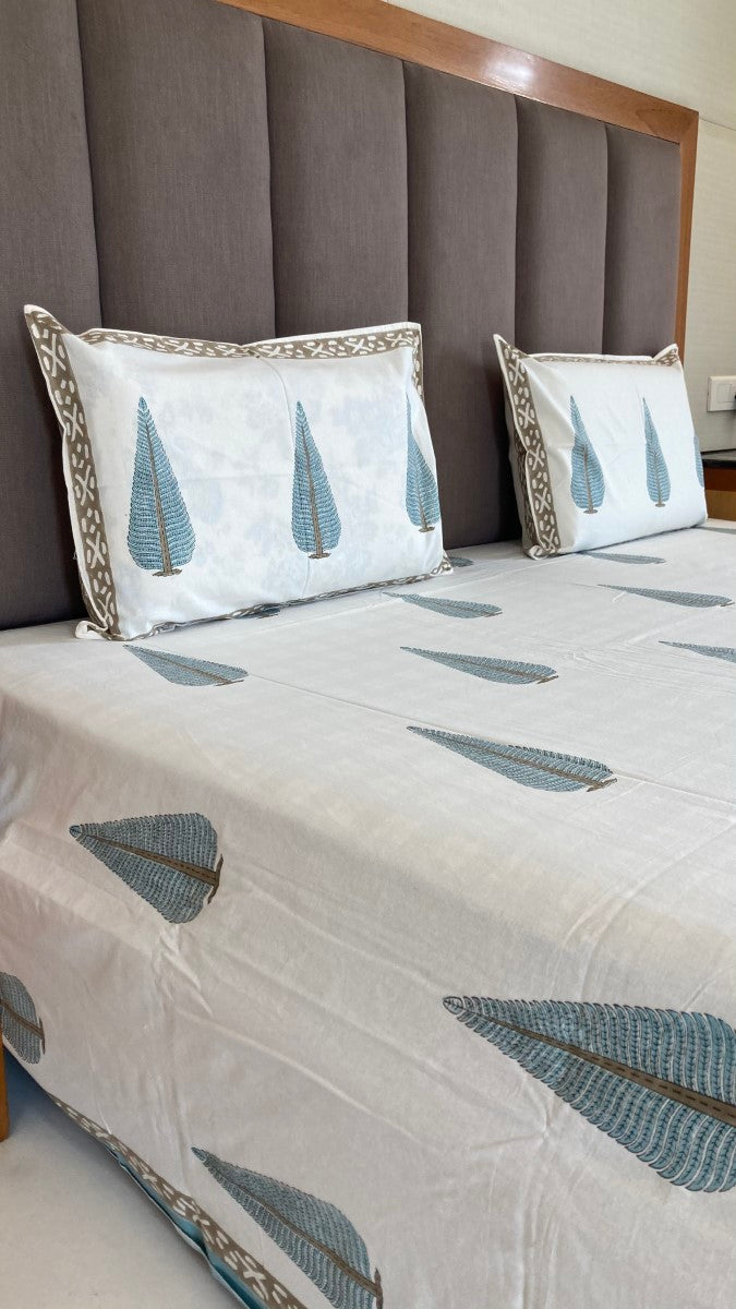 Handblock Printed Big Leaf Cotton Bedsheet With Pillow Covers