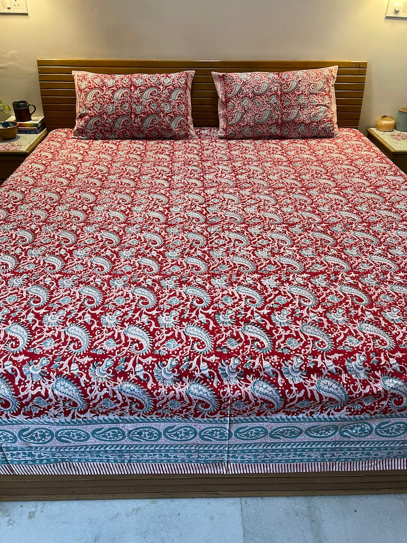 Red & Blue Floral Pattern Handblocked Queen Size Bedsheet with Pillow Covers