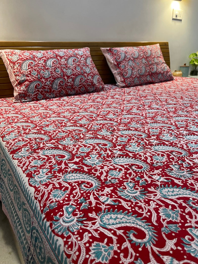 Red & Blue Floral Pattern Handblocked Queen Size Bedsheet with Pillow Covers