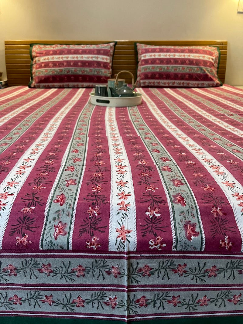 Maroon Striped Pattern Bedsheet (Queen Size) with Pillow Covers
