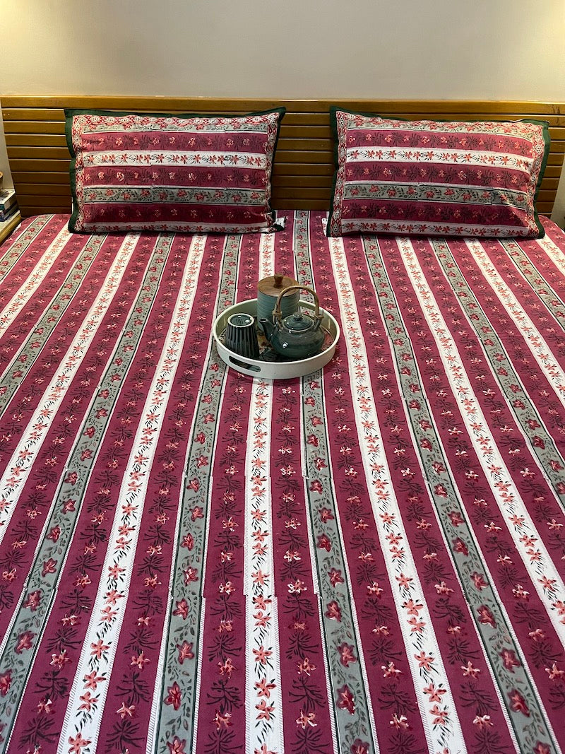 Maroon Striped Pattern Bedsheet (Queen Size) with Pillow Covers
