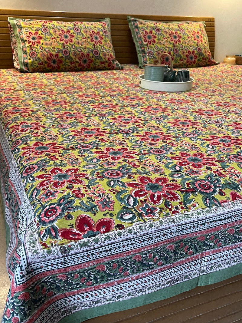 Green & Red Floral Pattern Bedsheet with Pillow Covers