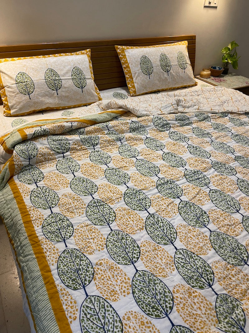 Yellow Green Leafy Print Jaipuri Cotton Quilt