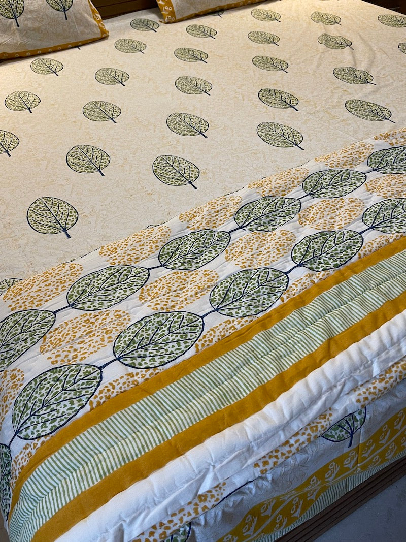 Yellow Green Leafy Print Jaipuri Cotton Quilt