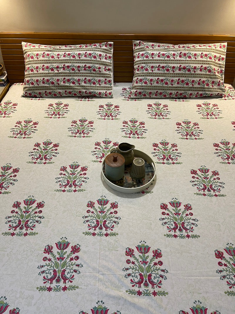 Pink & Green Floral Handblock Print Bedsheet (Queen Size)