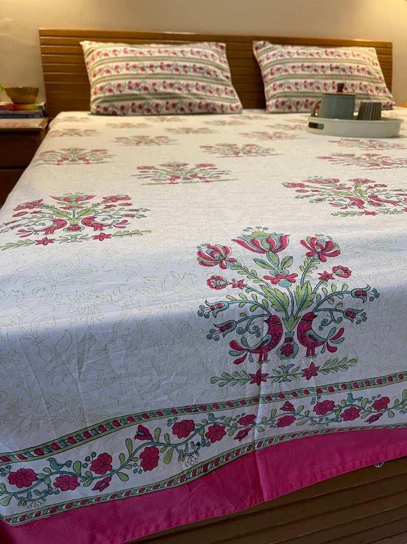 Pink & Green Floral Handblock Print Bedsheet (Queen Size)
