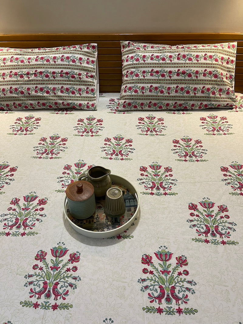 Pink & Green Floral Handblock Print Bedsheet (Queen Size)