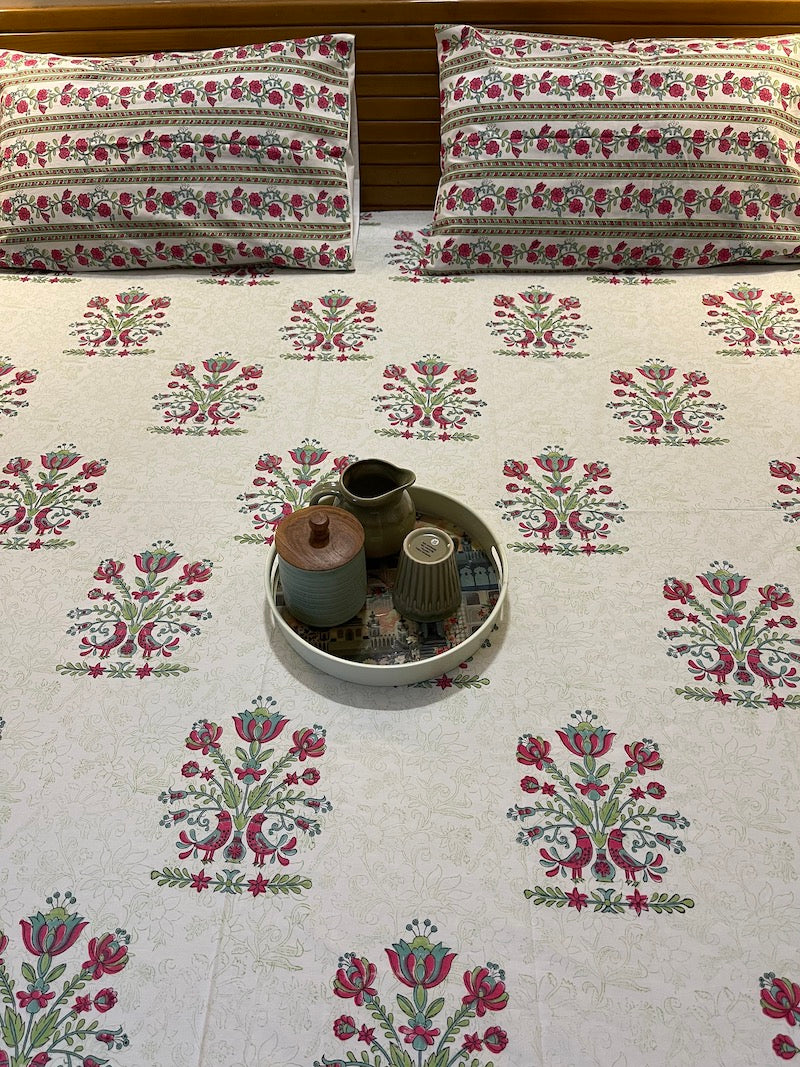 Pink & Green Floral Handblock Print Bedsheet (Queen Size)