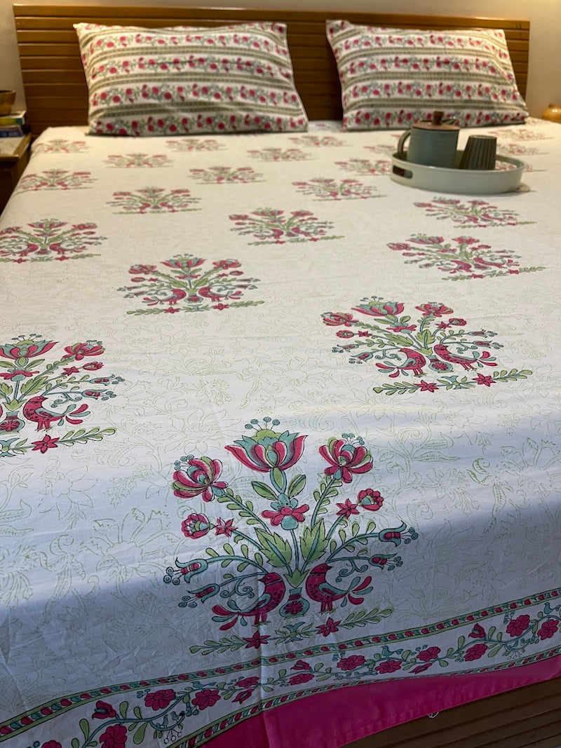 Pink & Green Floral Handblock Print Bedsheet (Queen Size)