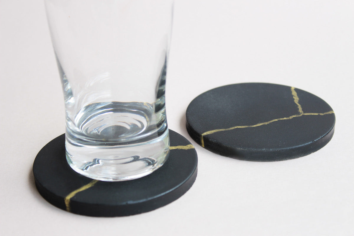 Matte Black & Gold Circular Concrete Coasters (Set of 4)
