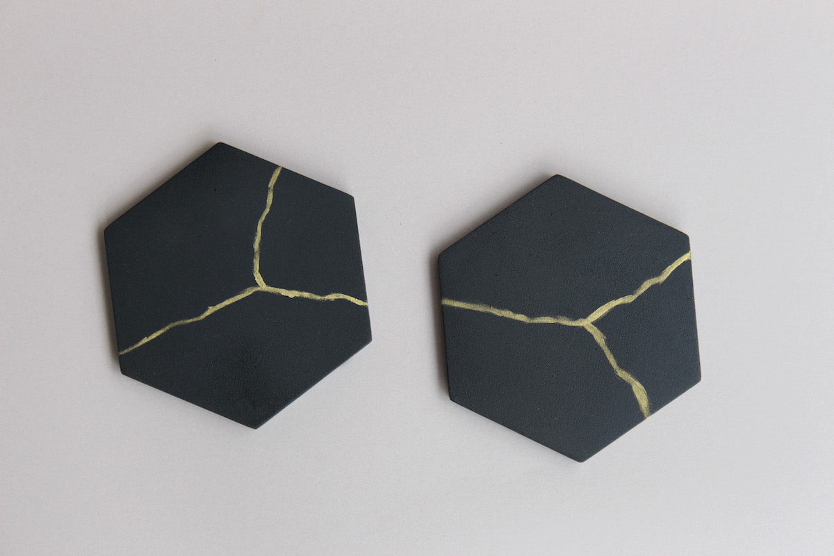 Matte Black and Gold Hexagon Concrete Coasters (Set of 4)