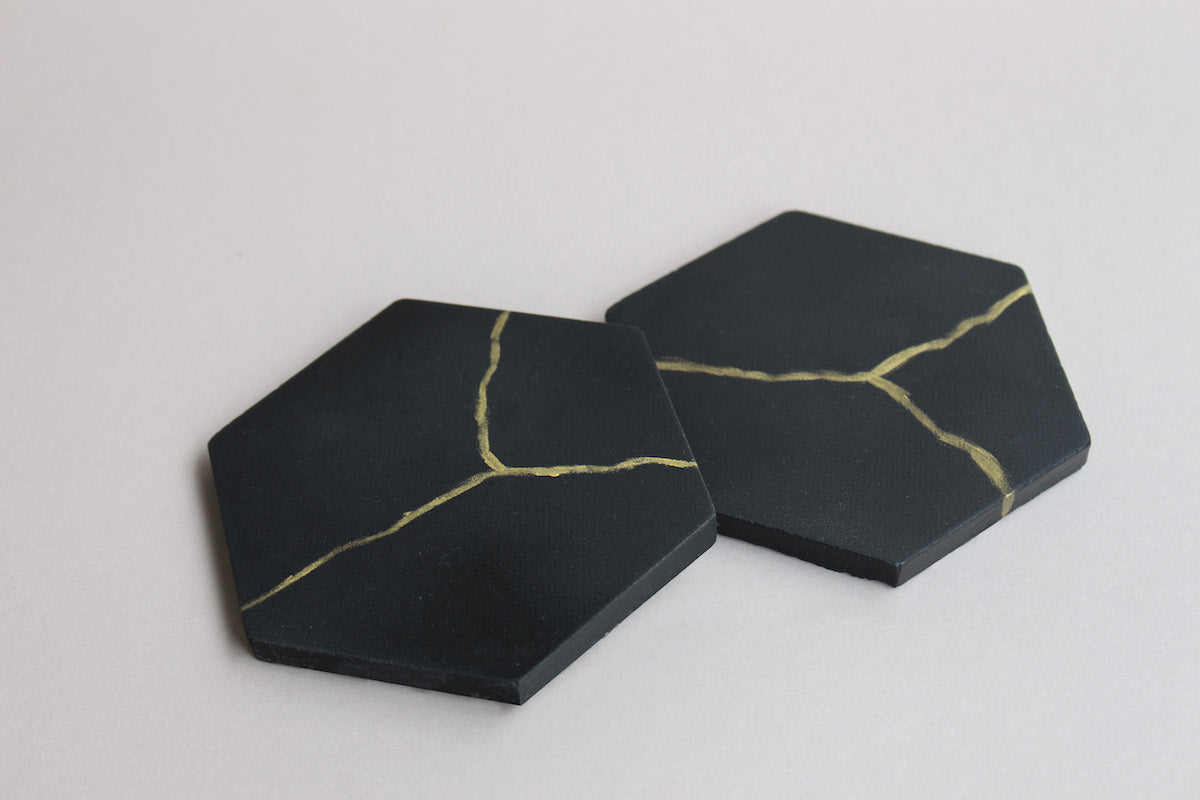 Matte Black and Gold Hexagon Concrete Coasters (Set of 4)