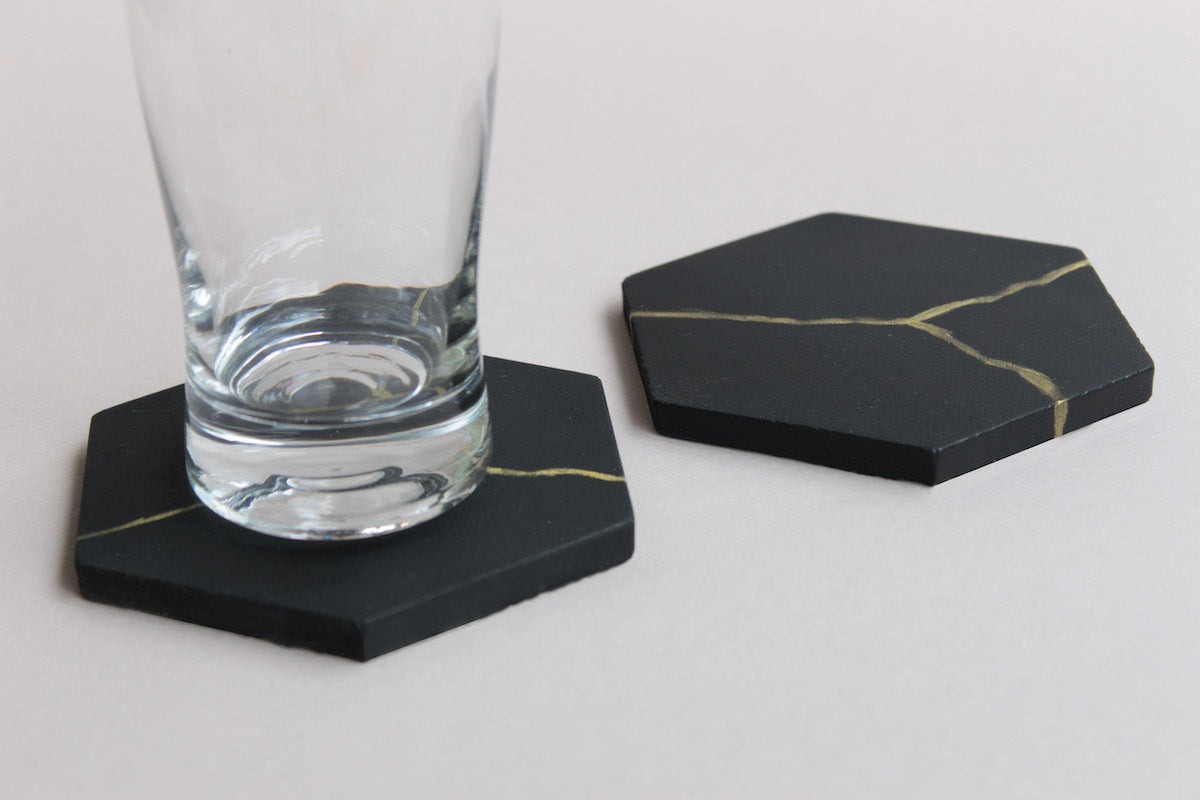 Matte Black and Gold Hexagon Concrete Coasters (Set of 4)