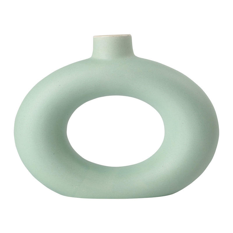 Donut Shaped Matte Green Ceramic Flower Vase (8")