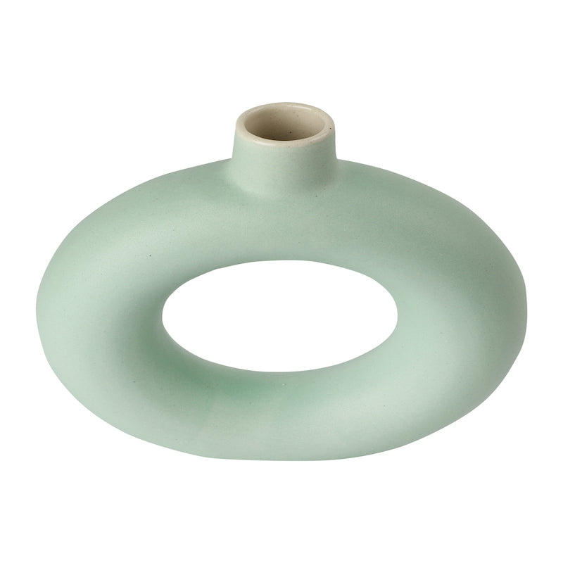 Donut Shaped Matte Green Ceramic Flower Vase (8")