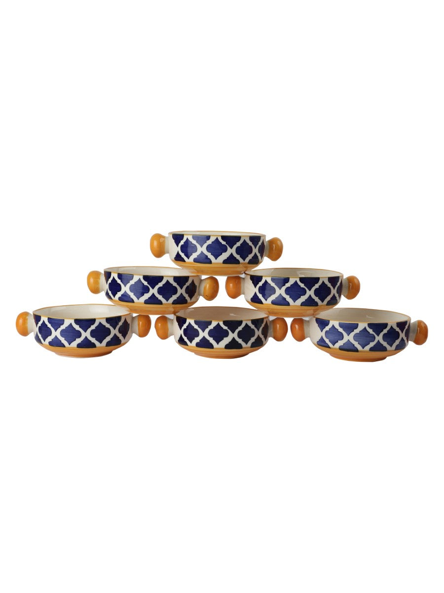 Hand Painted Mughal Design Ceramic Bowls with Handle (Set of 6) - 300ml