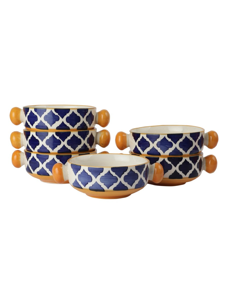 Hand Painted Mughal Design Ceramic Bowls with Handle (Set of 6) - 300ml