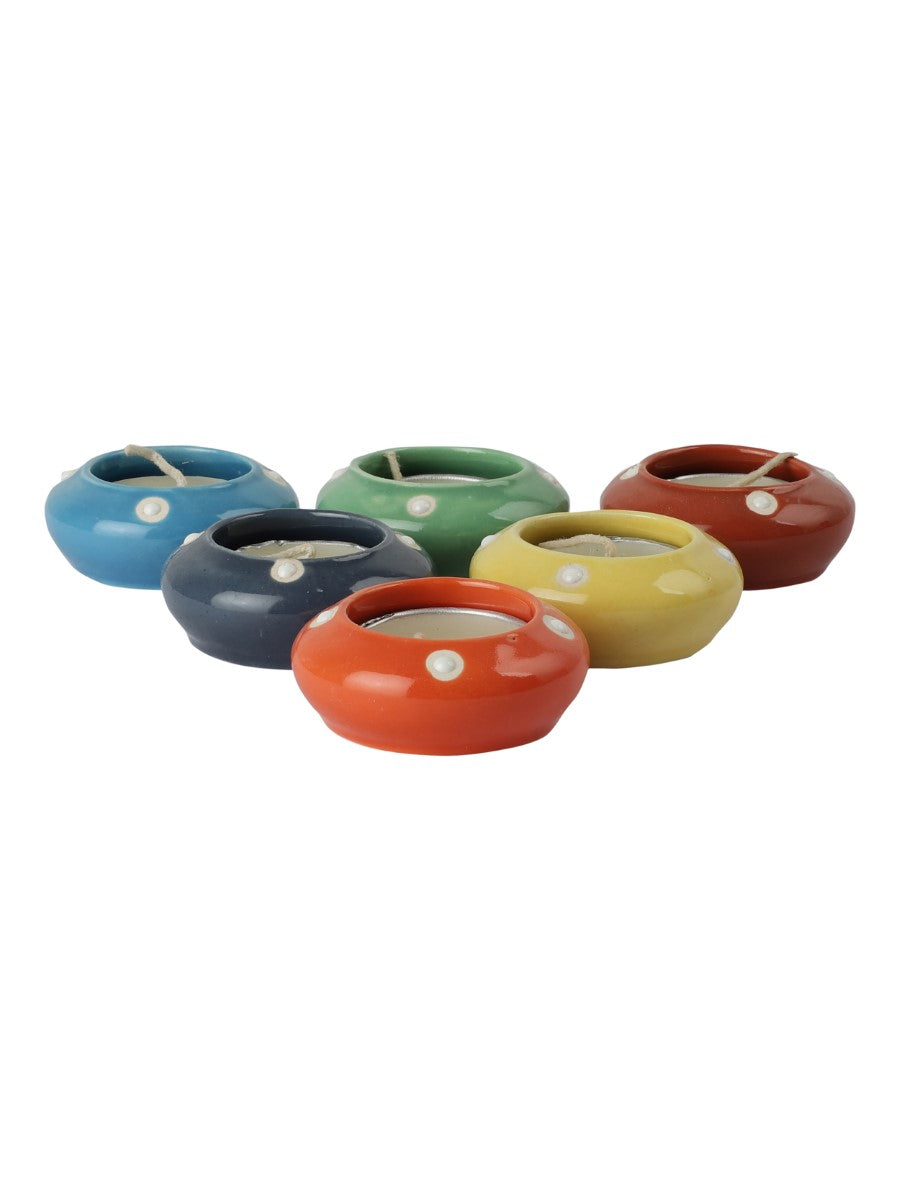 Multicolour Ceramic Diya Diwali Gift Box with Tea Lights (Set of 6)