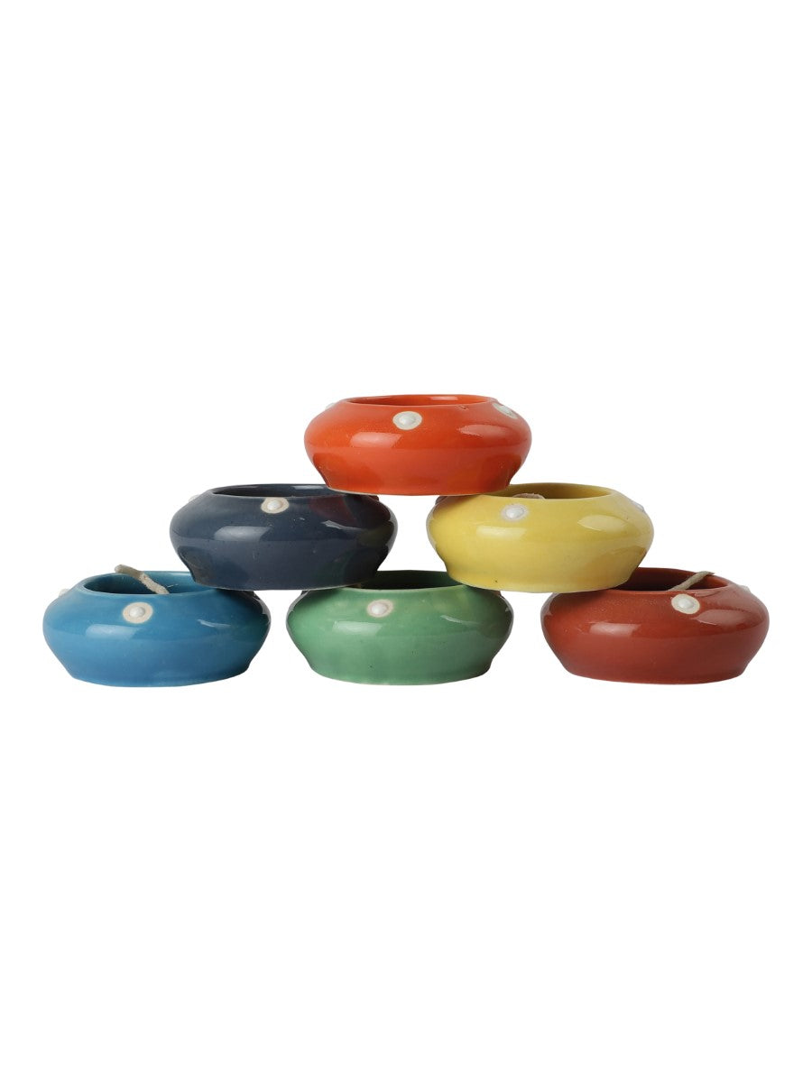 Multicolour Ceramic Diya Diwali Gift Box with Tea Lights (Set of 6)