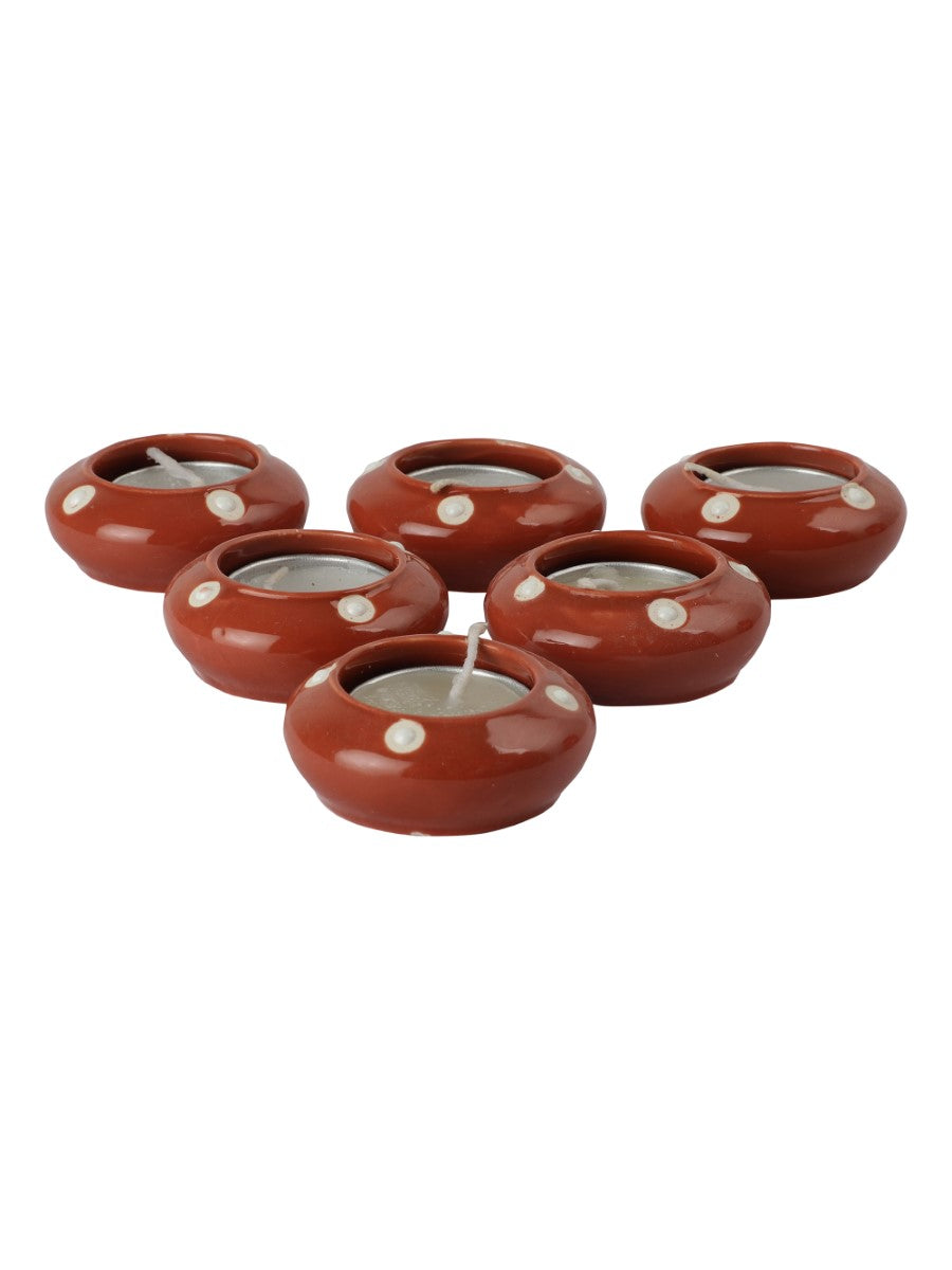 Maroon Ceramic Diya Diwali Gift Box with Tea Lights (Set of 6)