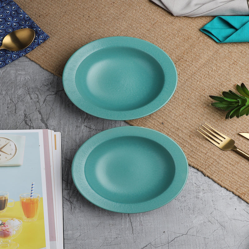Green Ceramic Hand-Painted Pasta Plates with Matte Finish (Set of 2)