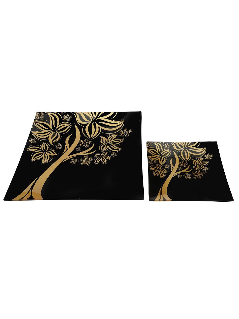 Black & Gold Square Tempered Glass Serving Plates / Trays (Set of 7)