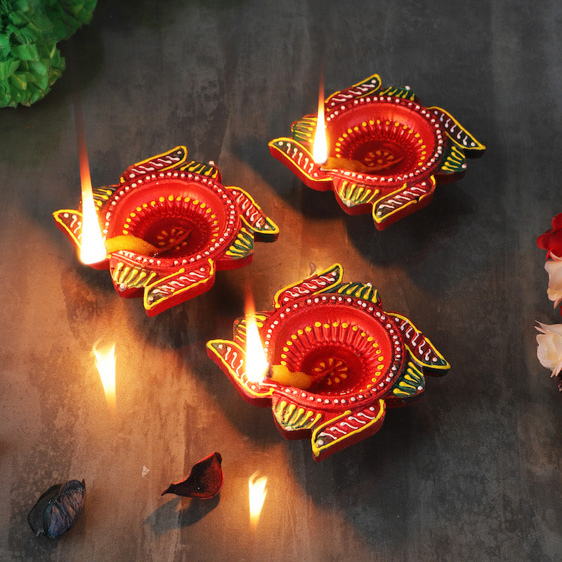 Hand Painted Terracotta Clay Diya for Diwali (Set of 3)