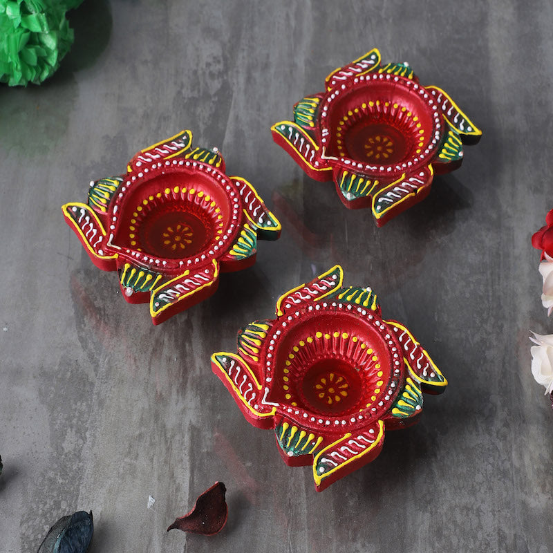 Hand Painted Terracotta Clay Diya for Diwali (Set of 3)