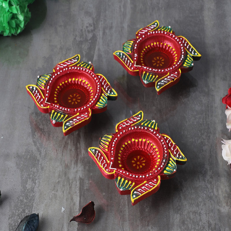 Hand Painted Terracotta Clay Diya for Diwali (Set of 3)