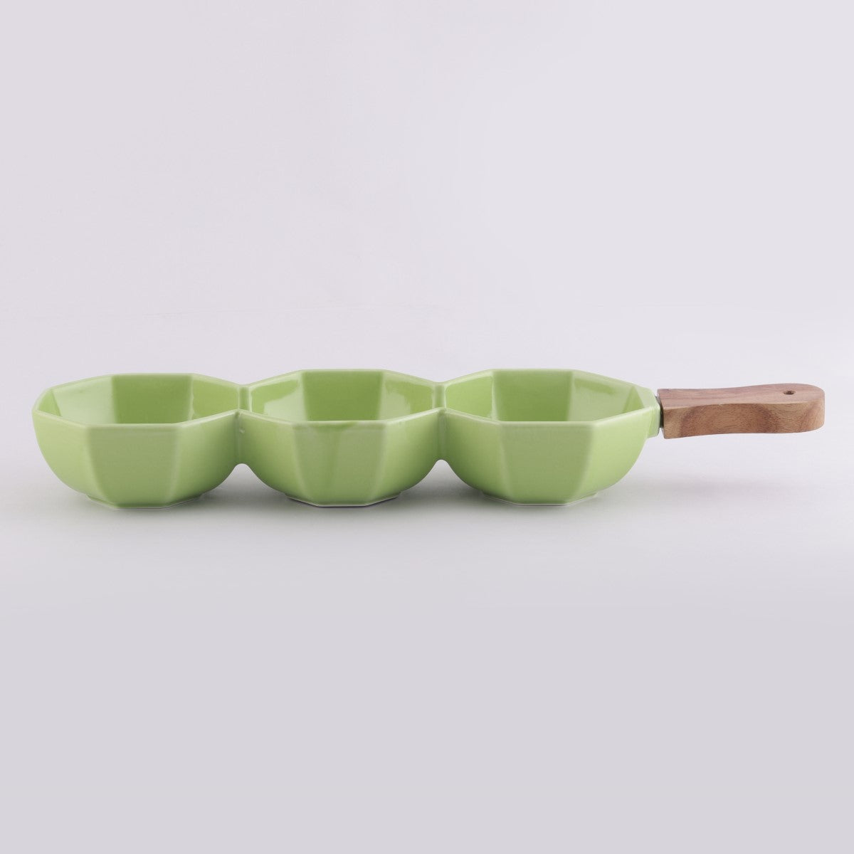 Octagonal Ceramic Serving Bowl Platter with Wooden Handle