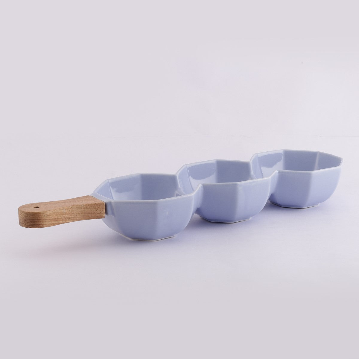Octagonal Ceramic Serving Bowl Platter with Wooden Handle