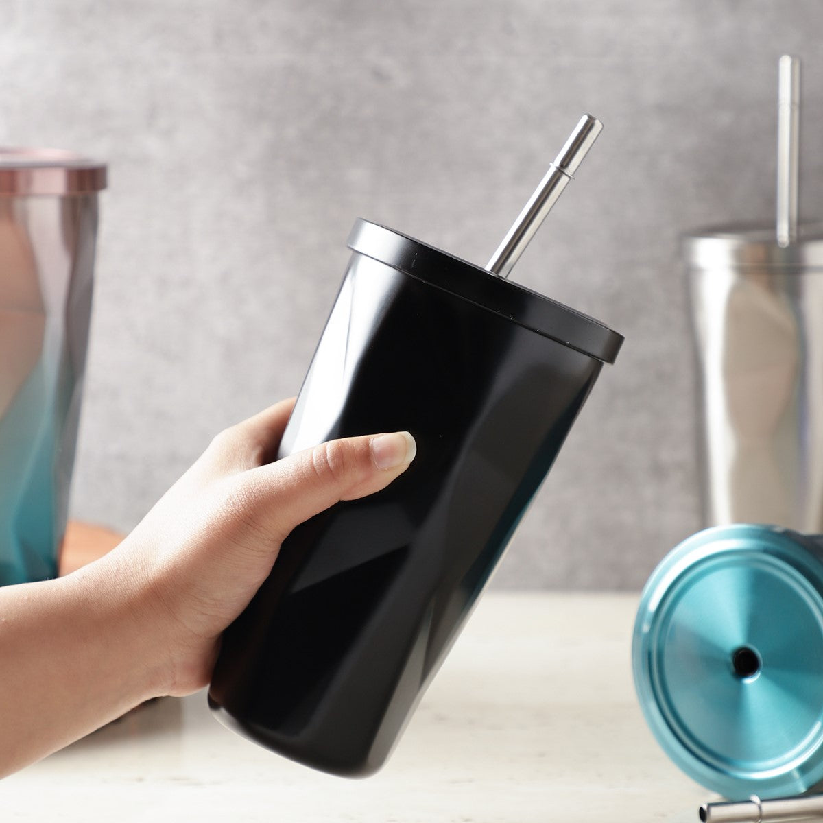 Diamond Cut Stainless Steel Tumbler with Straw