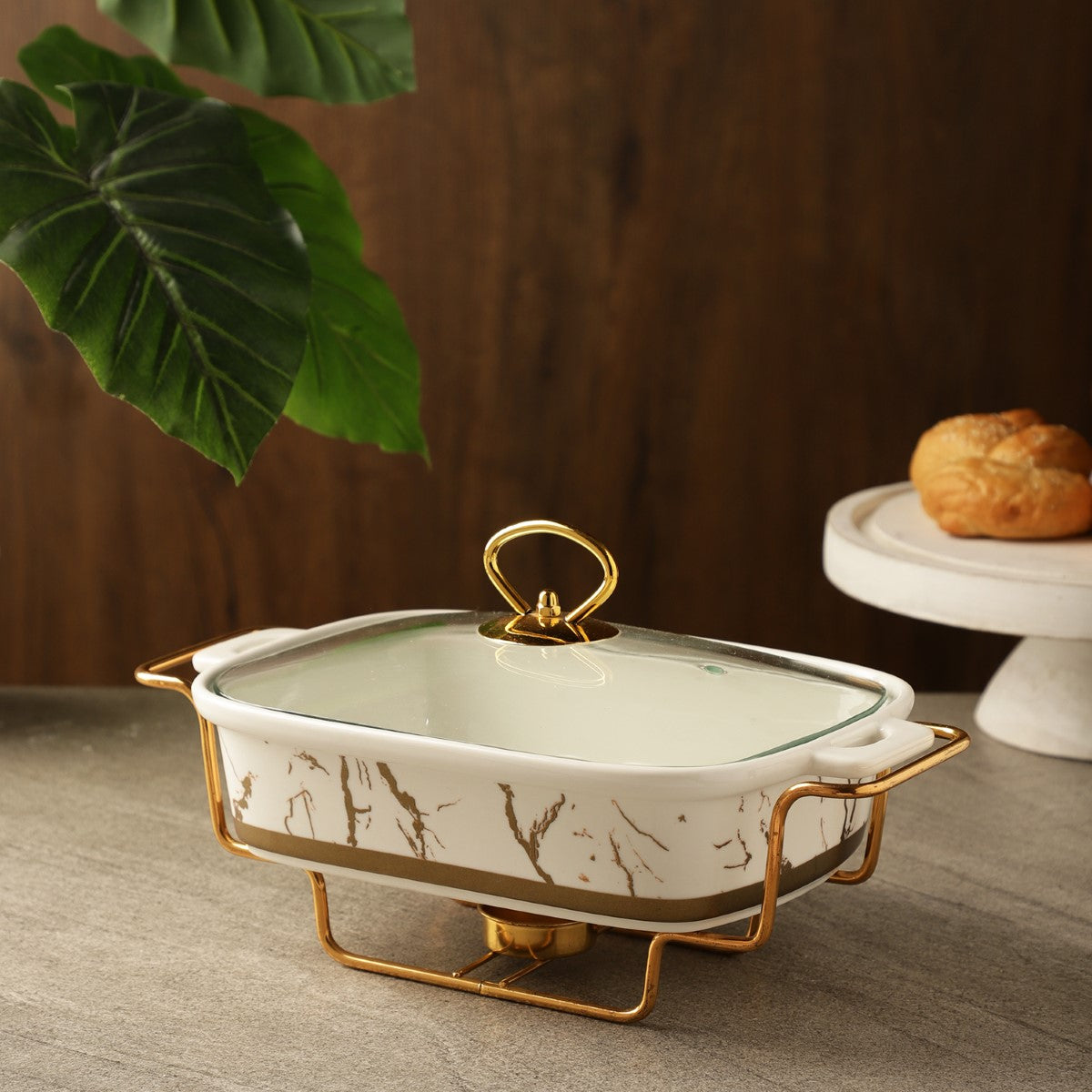 Ceramic Marble Textured Casserole with Lid & Stand