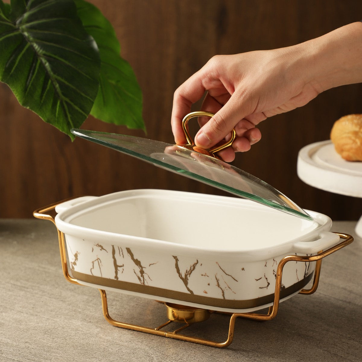 Ceramic Marble Textured Casserole with Lid & Stand
