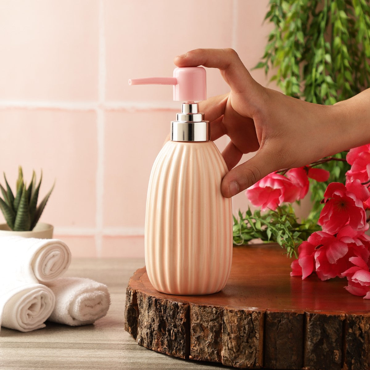 Ribbed Glazed Pink Ceramic Soap Dispenser