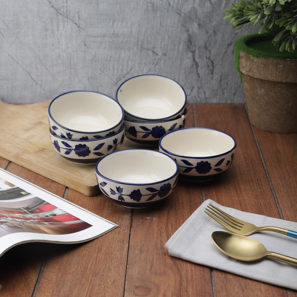 Hand-Painted Blue Ceramic Bowls (Pack of 6)