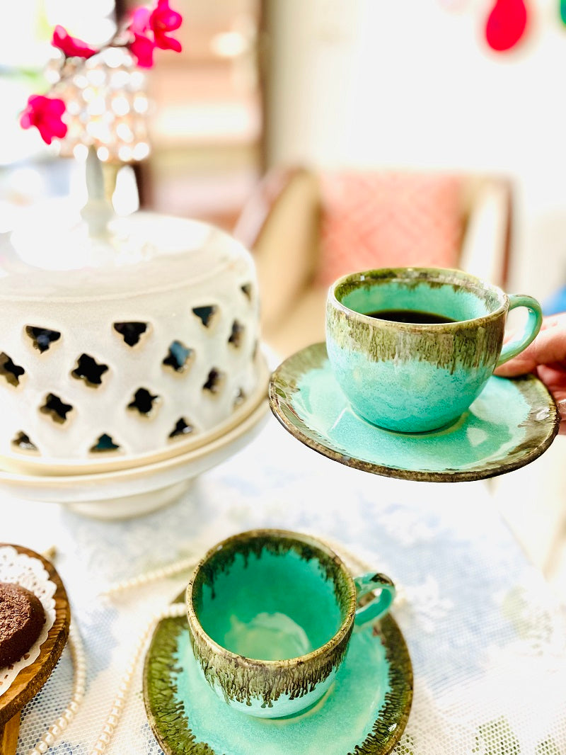 Ocean Green Ceramic Tea Cup & Saucer (Set of 2)