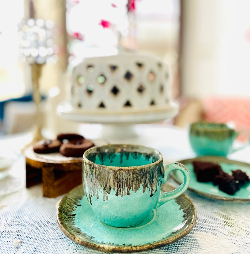 Ocean Green Ceramic Tea Cup & Saucer (Set of 2)