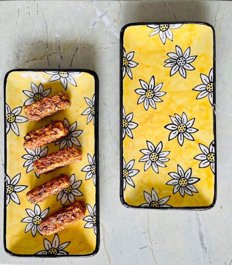 Yellow Handcrafted Floral Ceramic Platter (Set of 1)