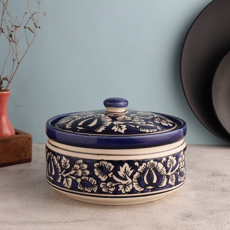 Blue Ceramic Floral Serving Bowl with Lid