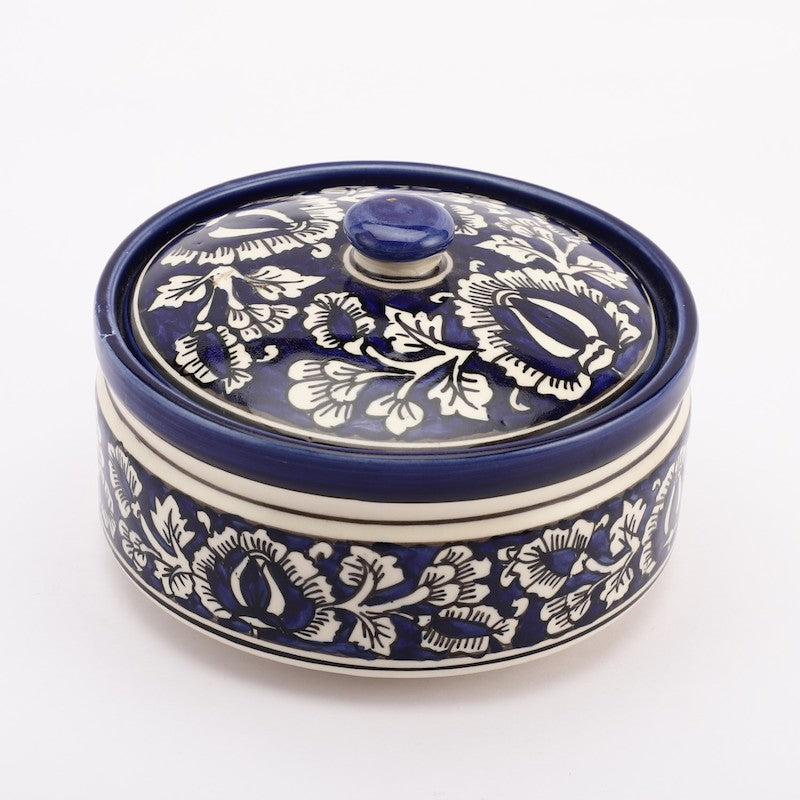 Blue Ceramic Floral Serving Bowl with Lid
