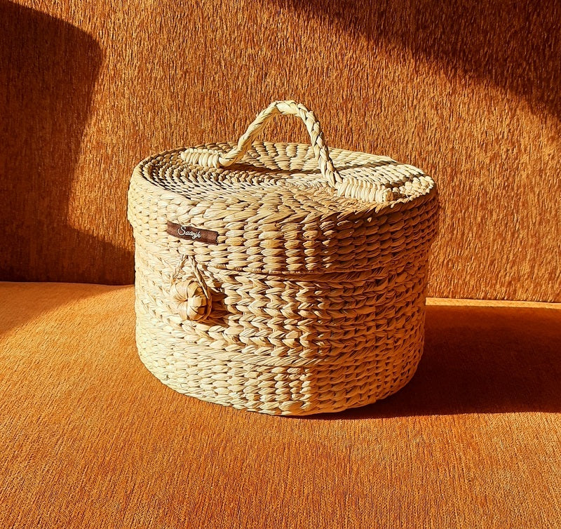 Handwoven Kauna Partitioned Circular Vanity Case | Jewellery Storage | 4 Partitions